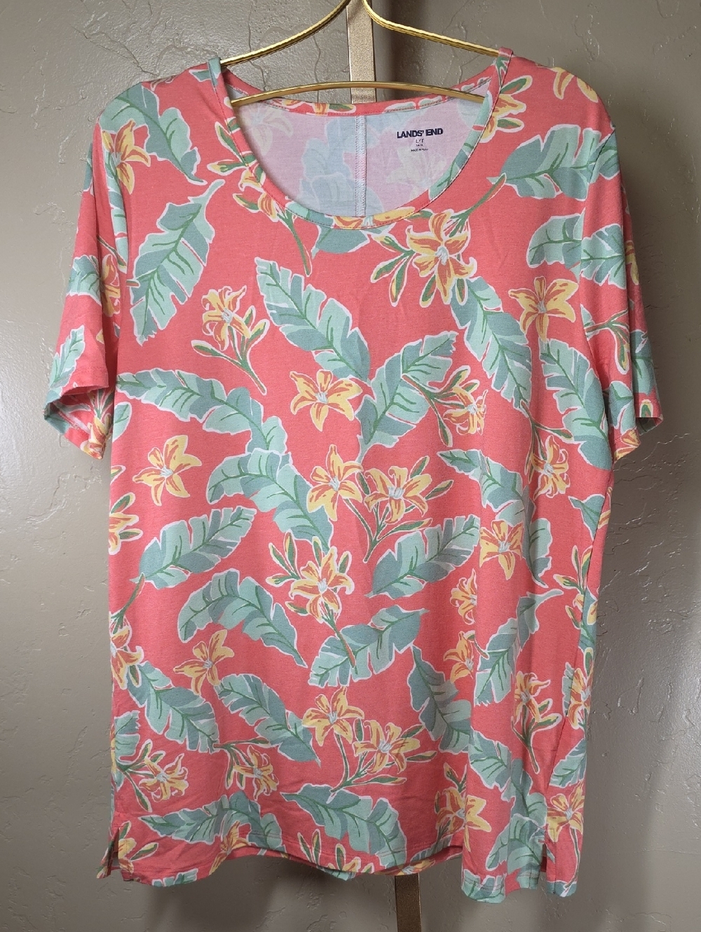 Lands' End Coral Floral Short-Sleeve Tee with‎ Mint Leaves